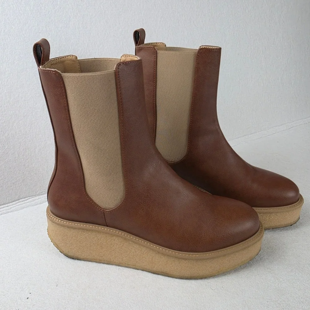 Novacas Womens 39 Vegan Chelsea Boots Brown Platform Wedge Made Portugal